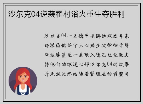 沙尔克04逆袭霍村浴火重生夺胜利
