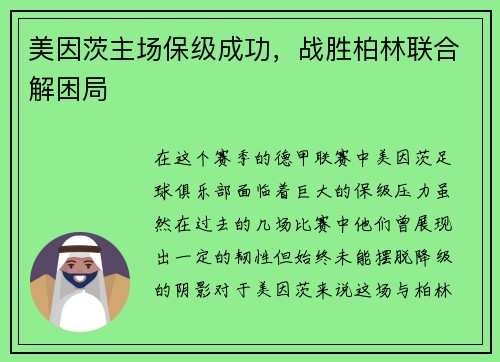 美因茨主场保级成功，战胜柏林联合解困局